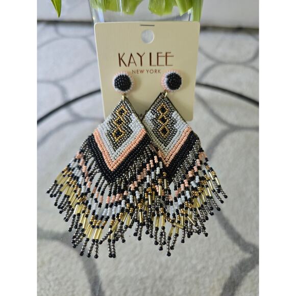 Kay Lee Boho Beaded Earrings Black Pink New - Picture 3 of 4